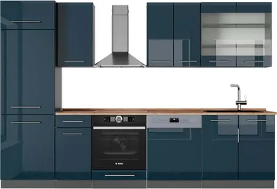 Image de Cuisine Vicco Fame-Line Bleu foncé brillant/Anthracite 300cm , PT Chêne, Model 49728