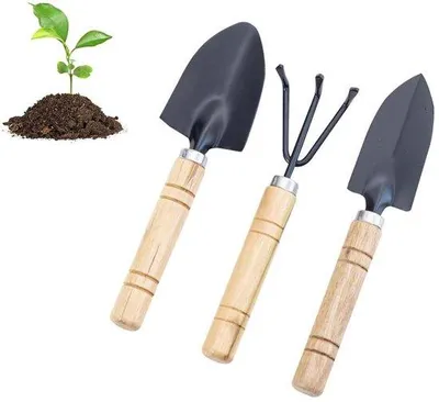 Produktbild von Drei-teiliges Gartenwerkzeugset - Mini-Schaufel, Hacke und Pflanzschubkarre mit Holzgriff - für Topfpflanzen, Bonsai und Sukkulenten