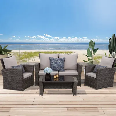 Produktbild von MeXo von GLP HOME Lounge Gartenmöbel Gartengarnitur Polyrattan Balkongarnitur Wetterfest Gartenmöbel Set für 3-4 Personen, (Loungeset Kleiner Balkon Sitzgruppe, 4-tlg, Balkonset, Sitzgarnitur mit Kissen), Balkonset