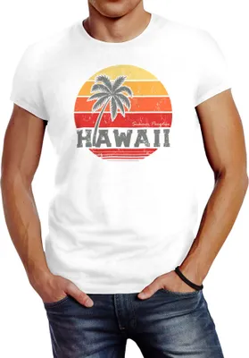 Produktbild von Herren T-Shirt Hawaii Palme Tropical Summer Retro Slim Fit Baumwolle Neverless® weiß XL