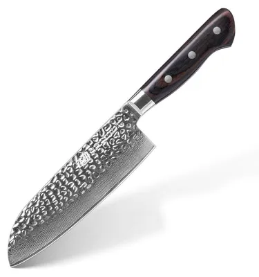Image de Couteau Santoku Damas 17,5 cm, style japonais, série Raven | Acier damas, finition martelée, manche en bois de pakka