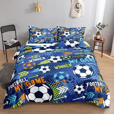 Productafbeelding van Bettenset, blauw, met cartoonvoetbalprint, 155x220 cm, 2 kussenslopen van 80x80 cm, microvezel