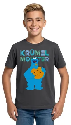 Produktbild von Spreadshirt Sesamstraße Krümelmonster Riesencookie Teenager T-Shirt, 152/164 (12-14 Jahre), Dunkelgrau