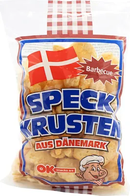 A bag of BBQ flavored pork rinds with the Danish flag and brand logo.