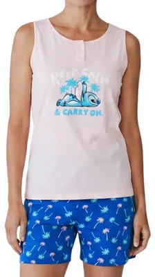 Immagine prodotto di Pigiama da donna Disney Stitch, composto da una maglietta in cotone e un paio di pantaloncini, set da due pezzi, ideale per