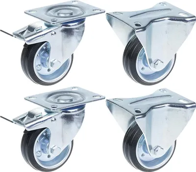 Obrázek produktu pro 80mm 3" kolečka s gumovou pneumatikou, brzda a pevná, silná nosnost 280 kg, sada 4 kusů