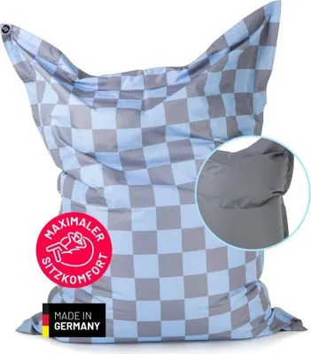 Obrázek produktu pro LUMALAND Sedací vak "In-& Outdoor" s kostkovaným vzorem, šedá/modrá barva, objem 380 litrů, velikost XXL. Sedací vak s kostkovaným vzorem, rozměry 140x180, obrovské sedací polštáře s výplní z EPS perel, objem 380 litrů