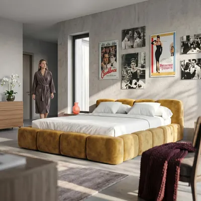 Produktbild von MUFFO Polsterbett SUENO 160x200 cm in Gelb, gepolstertes Kopfteil, Metalllattenrost, Bettkasten, Velour-Stoff