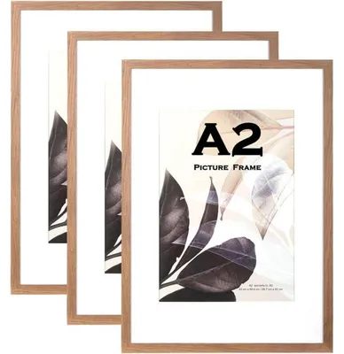 Zdjęcie produktu dla Ramki na zdjęcia drewniane, format A2 (42 x 59,4 cm) z ramką passepartout, kolor brązowy, zestaw 3 sztuk