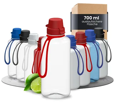 Obrázok produktu pre Detská fľaša na pitie "School" 700 ml – robustná fľaša na vodu z materiálu Tritan vrátane remienka – bez BPA, s tesnením zabraňujúcim úniku, vhodná do umývačky – priehľadná/červená