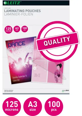 Produktbild von Leitz Standard Gloss Laminating Pouches, Glänzend, A3, 310 mm, 430 mm, 30 mm, 100 Stück(e)