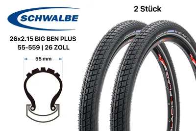 Produktbild von 2 Stück 26 Zoll Schwalbe Big Ben Plus Reifen 26x2.15 City Bike Reflex Streifen