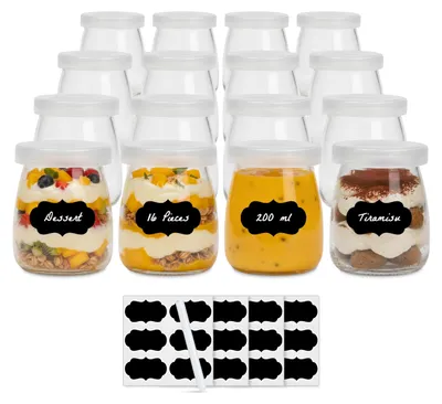 16 Gläser 200 ml mit Deckel – Yoghurtgläser, transparent