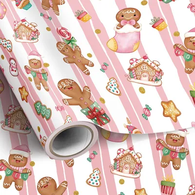 Obrázok produktu pre Darčekový papier s motívom perníkového muža, šírka 43 cm, dĺžka 10 metrov, vhodný na Vianoce