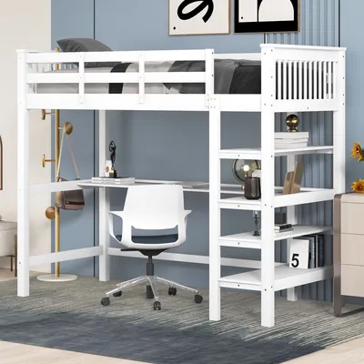 Produktbild von Kinderbett 90 x 200 Kinderhochbett, mit Ablagefächern und Unterbettschreibtisch
