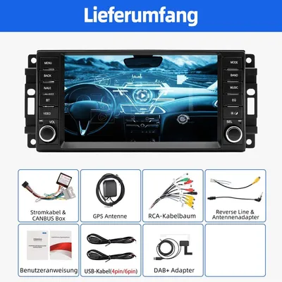 Produktbild von Autoradio 2 DIN Navigationsgerät für Jeep Dodge Chrysler Android 15 Carplay Android Auto GPS Navi DAB+ FM Bluetooth 7 Zoll Touchscreen radio+dab adapter A2