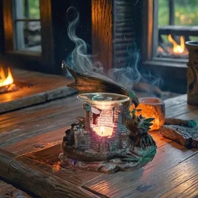 Zdjęcie produktu dla Lampa zapachowa „Smok” 22 cm, lampa aromatyczna „Ruiny zamku”, świecznik na podgrzewacze do olejków eterycznych