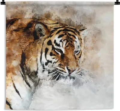 Produktbild von MuchoWow® Wandteppich Wandbehang Tiger - Gemälde - Weiß 150x150 cm Tapisserie Dekoration Wandtuch - Wohnaccessoires - Modernes