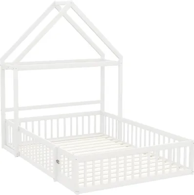 Obrázok produktu pre Detská posteľ – rám postele – 140 x 200 cm – masívne drevo – s úložným priestorom – ochranná mreža s dvierkami – rošt – biela