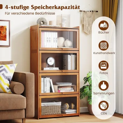 Produktbild von 4 stöckiges Bücherregal mit Acryltüren Vitrinenschrank aus Bambus 69 x 34 x 140 cm Braun