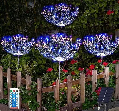 Obrázek produktu pro balení 4 solárních lamp pro venkovní zahradu, solární zahradní světlo zahradní dekorace vedla ohňostroj světla s časovačem a dálkovým ovládáním, chodníky dvůr cesta terasa dekorace