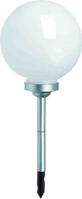 A white globe solar light with a silver stake.