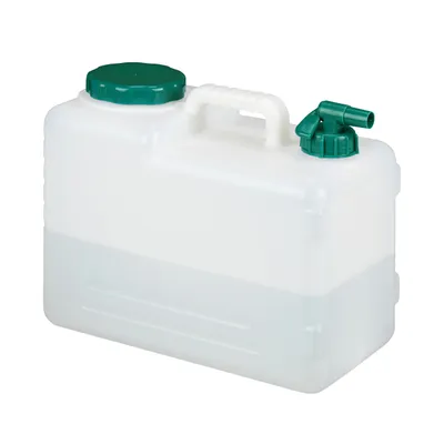Produktbild von Relaxdays Wasserkanister mit Hahn, 15 Liter, Kunststoff bpa-frei, Weithals Deckel, Griff, Camping Kanister, weiß/grün