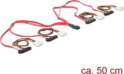 Produktbild von DeLOCK Cable mini SAS 36pin to 4x SAS 29pin, Rot, 0,5 m, Mini SAS 36pin/4 SAS 29pin + 51/4” Power