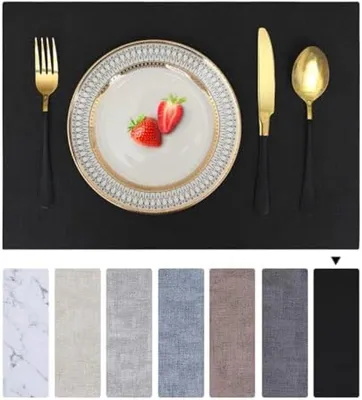 Produktbild von PolkaHome® Platzset-Set mit 6 Stück – Wasserdichte, doppelseitige Kunstleder-Platzsets mit rutschfester Unterseite – Schwarz