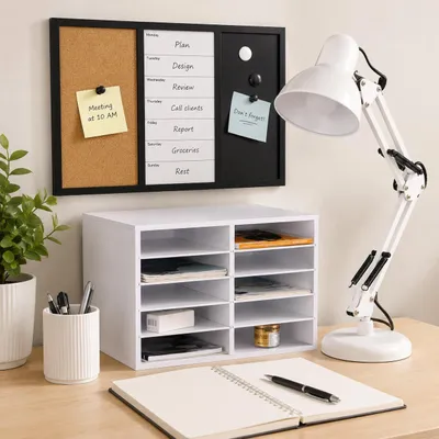 Produktbild von Retro-Schreibtischset für das Homeoffice (3-teilig) – Schwenkbare Schreibtischlampe, Dokumentenhalter mit 10 Fächern und Pinnwand