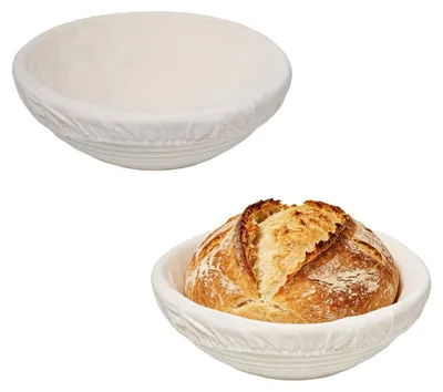 Immagine prodotto di 2 stampi rotondi da 25 cm per la lievitazione, con rivestimento in lino - Ideali per la preparazione di pane a lievitazione naturale