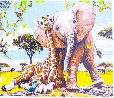 Produktbild von "Malen nach Zahlen: Elefant und Giraffe, 40x50 cm, auf Leinwand auf Keilrahmen."