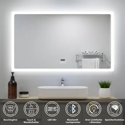 Produktbild von AICA LED Wandspiegel 120x70cm mit Bluetooth Uhr und Beschlagfrei Badspiegel 3 Lichtfarbe 3000K/4500K/6000K Dimmbar IP44