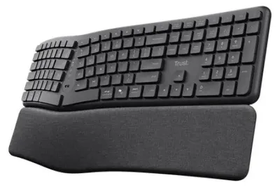 Produktbild von Trust Keyra Ergonomische Multigeräte-Funktastatur, Volle Größe (100%), Kabellos, RF Wireless + Bluetooth, Membran Key Switch, QWERTY, Schwarz