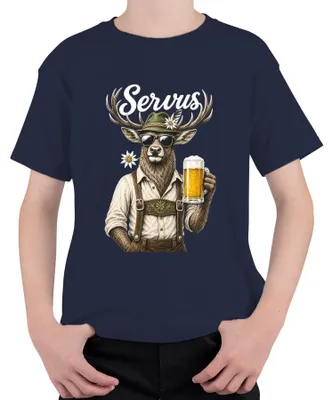 Productafbeelding van Servus Hirsch, traditionele lederhosen, bier, , dirndl, Wiesn, Alm, kinder T-shirt, marineblauw, maat 152