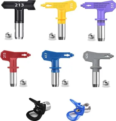 Produktbild von Airless-Farbspritzpistolen-Düsen-Set. Sprühspitzen für Airless-Sprüher, wendbare Airless-Farbsprühdüsenspitzen, 6 Stück mit 2 Düsensitzen. (8 Stück)