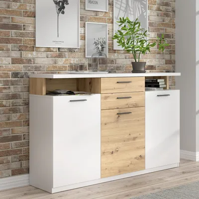 Produktbild von Forte WOY Sideboard 170, modernes Sideboard mit Ablage-Aufsatz, 3-türig, 2 Schubladen, Wohnzimmer, Flur, Holzwerkstoff, Weiß mit Artisaneiche Holzdekor, 169,6 cm breit x 106,5 cm hoch x 42 cm tief