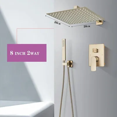Produktbild von Eingebautes Duschset - Unterputz 2-Wege Regendusche - 20 cm Regenduschkopf - Wannenarmatur Mit Wasserfallauslauf - Einhebelmischer Warm/Kalt - 304 Edelstahl - Gebürstetes Gold