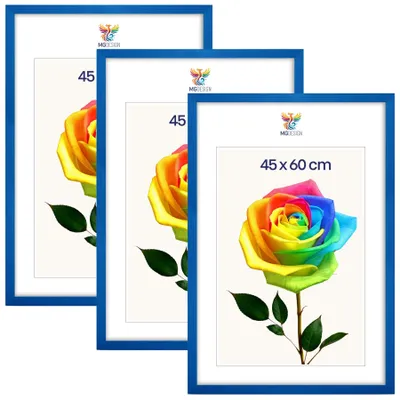 Produktbild von MG Design 3er Set Bilderrahmen 45 x 60 cm - Posterrahmen mit Blau Echtholzrahmen und bruchsicherem Acrylglas, Hoch & Quer mit stabiler Wandaufhängung