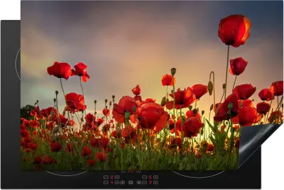 Produktbild von KitchenYeah© Herdabdeckplatte Mohnblumen - Blumen - Sonnenaufgang , 81x52cm, Küche Deko, Glaskeramikkochfeld Herdabdeckung, Abdeckplatte fùr Kochfeld
