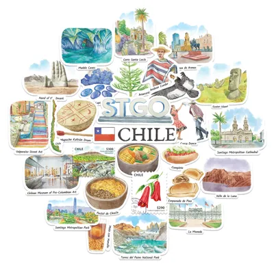 Reiseaufkleber Chile, 28 Stück, Aquarell, matt, gestanzt