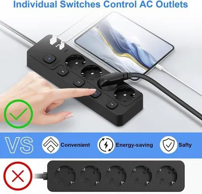 Obrázek produktu pro Zásuvková lišta s individuálními vypínači, 2 metrový kabel, zásuvka s 4 zásuvkami a 2 porty USB-A a 1 portem USB-C, prodlužovací kabel s ochranou proti přepětí
