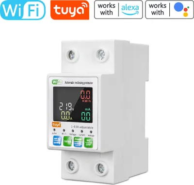 Produktbild von Tuya WiFi Intelligenter Leistungsschalter, hintergrundbeleuchteter einphasiger Energiezaehler, automatischer Wiedereinschaltschutz mit LCD-Display, unterstuetzt APP-Fernbedienung, ueber-/Unterspannung, ueberstrom-Leckageschutz, kompatibel mit Alexa Google Assistant
