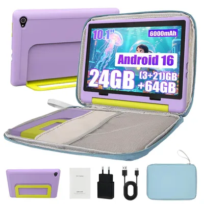 Produktbild von Kinder Tablet 10 Zoll, 24 GB RAM, 64 GB ROM, 6000 mAh, Android 16, Kindersicherung, WiFi 6, mit Tragetasche