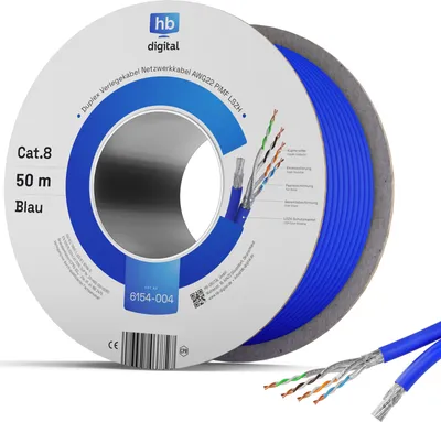Produktbild von hb-digital Verlegekabel 50m CAT 8 Duplex Installationskabel max. 2000 MHz S/FTP AWG22 LSZH blau