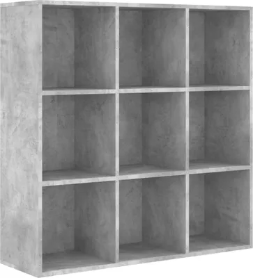 A product image of a gray, multi-compartment bookshelf.