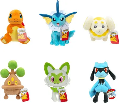 A collage of six different Pokemon plush toys, each holding a small red and yellow package.