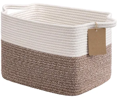 Image de Panier de rangement tressé en corde de coton, dimensions 33x25x23 cm, couleur marron/blanc