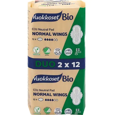 Obrázek produktu pro Vuokkoset BIO podložky NORMAL WINGS DUOPACK 24 ks. | organická bavlna, biologicky odbouratelné, savost 4/6 | hypoalergenní, bez chloru