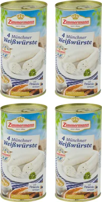 Produktbild von Food-United Weißwürste in der Dose 4x530g, Münchner-Weißwürste aus Bayern von ZIMMERMANN Fleischwerke, Brühwürste passend für Brotzeit und Bier, mit Petersilie Muskatblüte Zitronennote